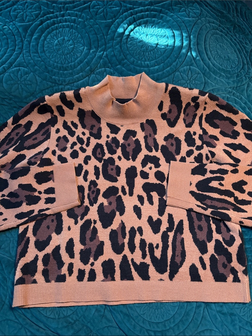 Paris Hilton Leopard Print Mock Neck Sweater - Tan/Black